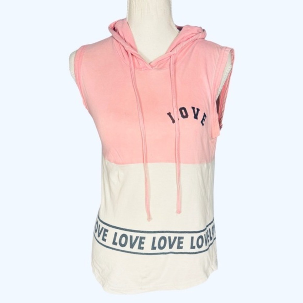 On Fire Sleeveless Hoodie Womens Small Pink White Love‎ Graphic Colorblock Top